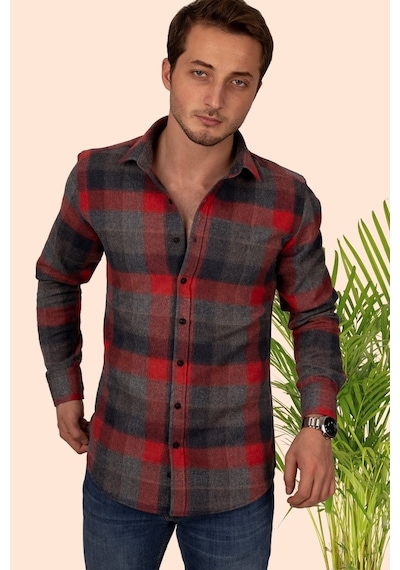 Damalı Slimfit Kırmızı Oduncu Erkek Gömlek Kırmızı