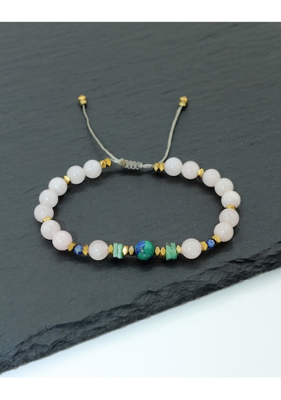 Sertifikalı Aa+azurit-malakit, Zümrüt, Pembe Kuvars, Lapis Ve Gold Hematit Kadın Bileklik-boğa Burcu Pembe