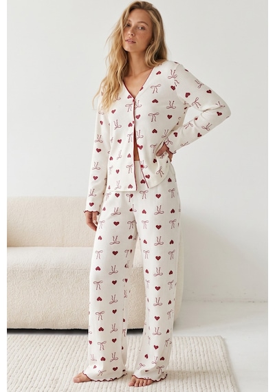 Siyah İnci Yumuşak Tuşe Kışlık Fitilli Pamuklu Örme Düğmeli Hırka Pijama Takım 8073 Bordo Kalp Fiyonk