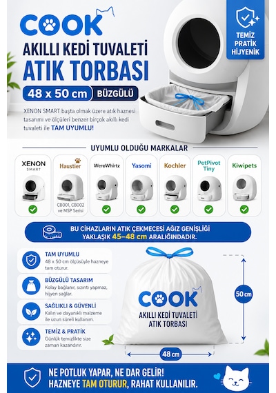 Cook Akıllı Kedi Tuvaleti 240 Adet 1koli/12paket/240adet Atık Torbası Çöp Poşeti X8779 X8623-x8624-x8620 İle Uyumludur