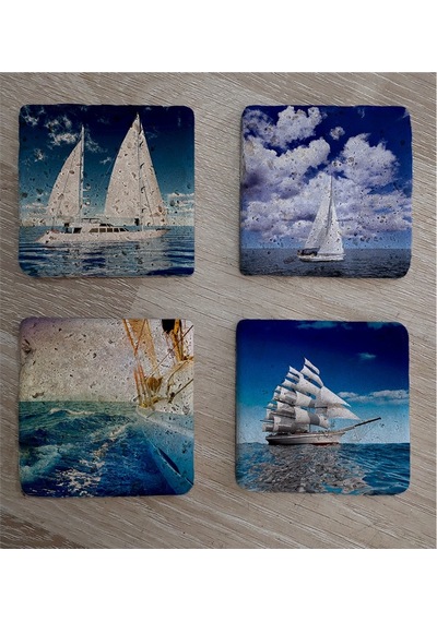 Deniz Ve Yelkenliler Doğal Taş Bardak Altlığı 4'lü Set - Natural Stone Coasters - Taş Çok Renkli