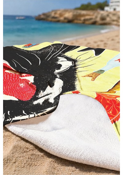 Kedi Balık Figürlü Plaj Havlusu - Akdeniz Pop Art Sarı Kırmızı Hızlı Kuruyan Mikrofiber Havlu Sisli Kumul