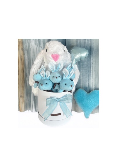 Özel Kututusunda 45 Cm Beyaz Jellycat Tavşan, 5'li Tavşancıklar Ve Folyo Kalp Balonlu Set-ayıcık Buketi