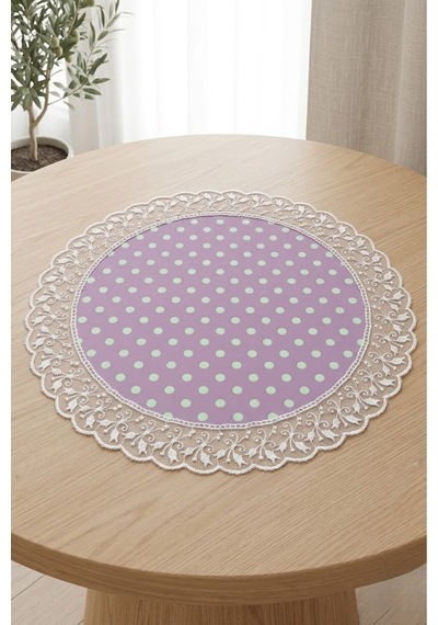Lüks Fransız Güpürlü Yuvarlak Runner - Puantiyeli Sunum Ve Sofra Örtüsü 60 Cm Mor
