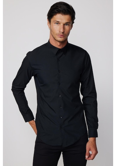 Tudors Slim Fit Arkadan Pensli Önden Kulplu Düz Trend Siyah Erkek Gömlek-28230-siyah Siyah