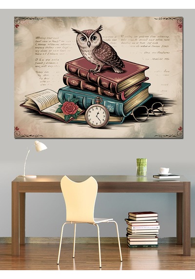 Kitap Üstünde Bilge Baykuş Dekoratif Kanvas - Mdf Ahşap Tablo