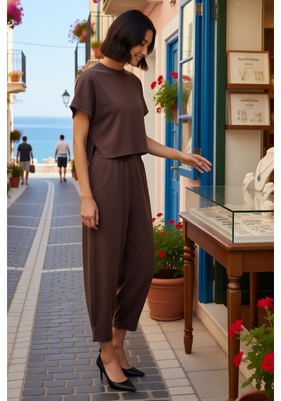 Benerly Kadın Büyük Beden Oversize Dar Paça Soft Touch Örme Takım Karyoka Kahverengi
