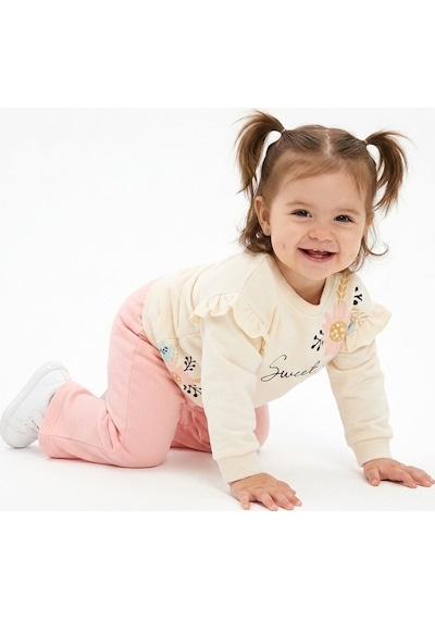 HelloBaby Pamuklu Fırfır Ve Çiçek Detaylı 2li Kız Bebek Takım Pembe