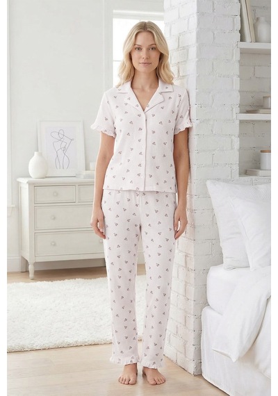 Cottonhill Beyaz Çiçek Desenli Bürümcük Gömlek Yaka Kadın Pijama Takımı