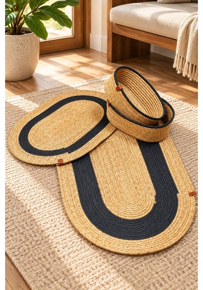 Roven 4 Lü Dekoratif Banyo Seti 2 Paspas 2 Organizer Sepet Klozet Ve Duş Önü krem