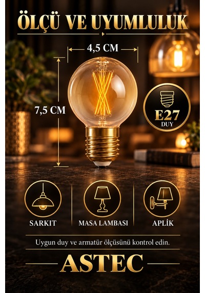 Astec E27 Mini 4 Watt Glop Amber Ampul Dekoratif Amber Işık Filament Led