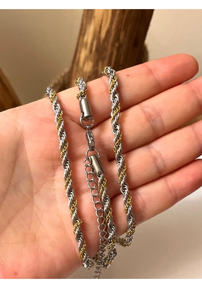 Çelik Burgu Arası Zincir Model Unisex Kolye Bileklik Set 3mm