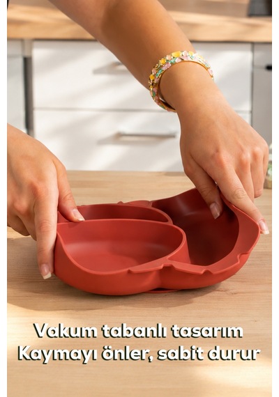 Porsima Mys34005-1 Silikon 3 Bölmeli Kaymaz Bebek Mama Tabağı Kiremit 14 21cm