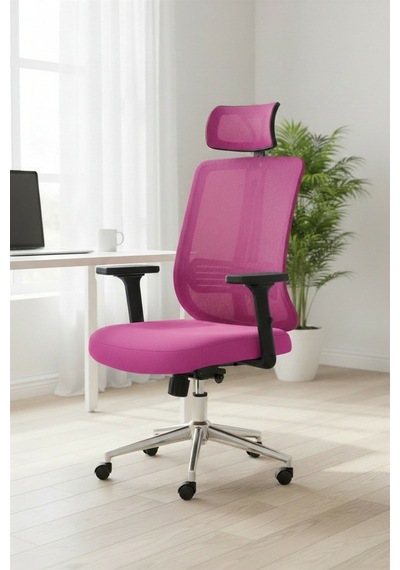 Upstyle Poyraz Başlıklı Fileli Ergonomik Çalışma Koltuğu Pembe Krom Koltuk 66 125 65 Cm