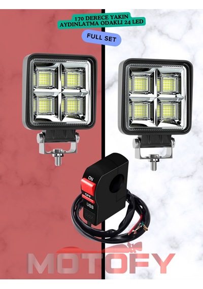 64 Ledli Aliminyum Soğutuculu Gövde Su Geçirmez Motosiklet Sis Farı Takımı + Usb'li Buton