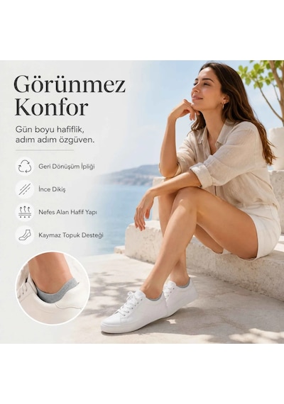Elitse Kadın Geri Dönüşüm İplikli 6 Lı Görünmez Sneaker Çorap, İnce Dikişli Nefes Alan Babet Çorap Siyah Beyaz Gri Beyaz 6'lı