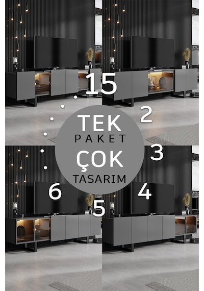 Zenit Siyah Demir Ayaklı Rgb Led Işık Sistemli Antrasit Tv Ünitesi Tv Sehpası Antrasit