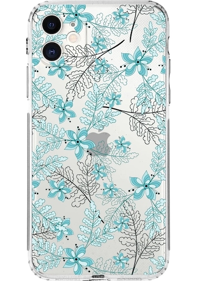 Apple Uyumlu iPhone 11kamera Korumalı Kapak Floral Su Yeşili Tasarımlı Şeffaf Kılıf