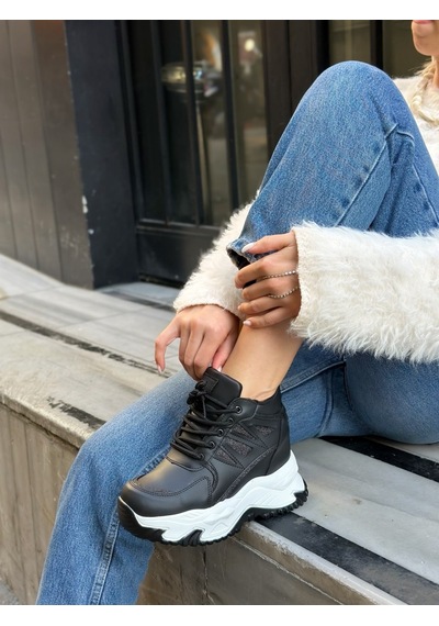 Erva'nın Butiği Siyah Cilt Celly Gizli Topuk Dolgu Topuk 7 Cm Boy Uzatan Sneakers-6476