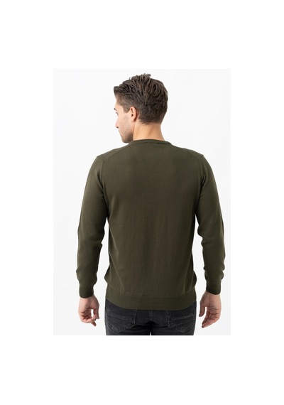 White Stone Treviso 2116 Slim Fit Pamuklu V Yaka Düz Triko Haki-haki Haki