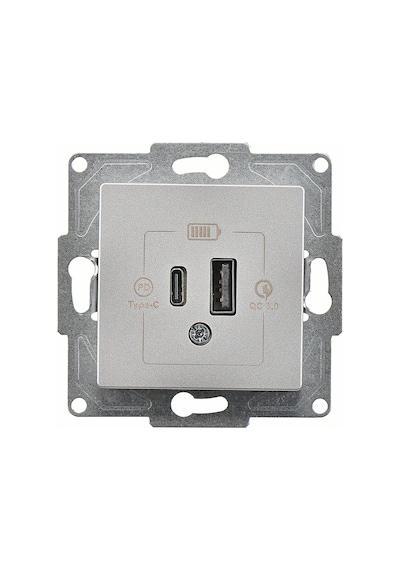 Günsan Eqona Gümüş 2 Çıkışlı USB Şarj Prizi 20W Type A + Type C Mekanizma