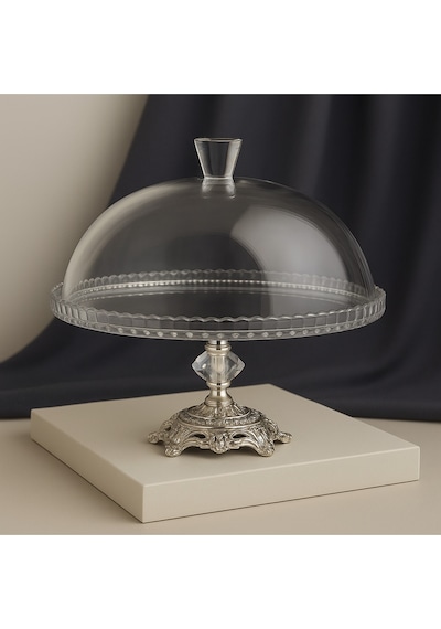 Elta Collection Gümüş Metal Ayaklı Cam Kapaklı Kek - Pasta Stantı Fanus 95198 Gümüş