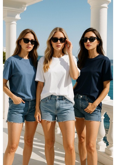 Kadın 3'lü Paket Lacivert-mavi-beyaz %100 Pamuk Oversize Basic Tişört Bisiklet Yaka Relaxed T-shirt Çok Renkli