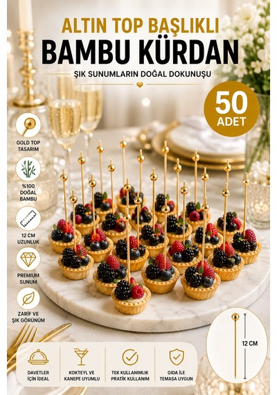 50 Li Altın Top Başlıklı 12 Cm Bambu Kürdan Seti Kokteyl, Tatlı Ve Davet Sunumları İçin Şık Seçim