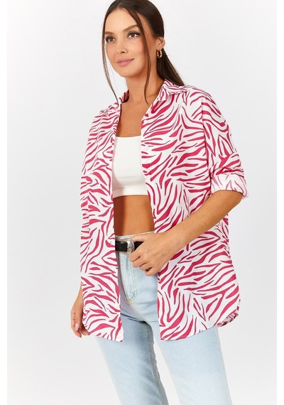 Armonika Kadın Fuşya Zebra Desen Oversize Uzun Basic Gömlek Arm-22y001145