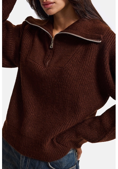 Kadın Kahve W6-81 Oversize Fermuarlı Triko Kazak