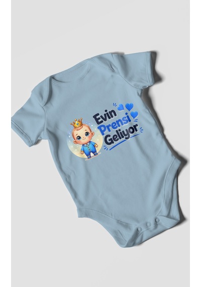 Morivokids Evin Prensi Geliyor Kısa Kollu Bebek Body %100 Pamuk Bebe Mavisi