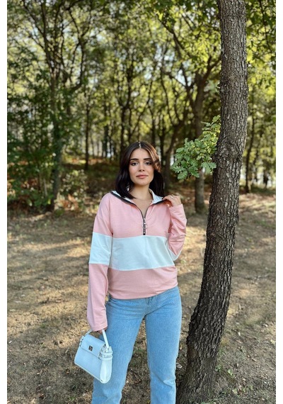 WeShaya Kadın Pembe Uzun Kol, Dik Yaka, Fermuarlı, Double Color Block Basic Sweatshirt Bluz Pembe