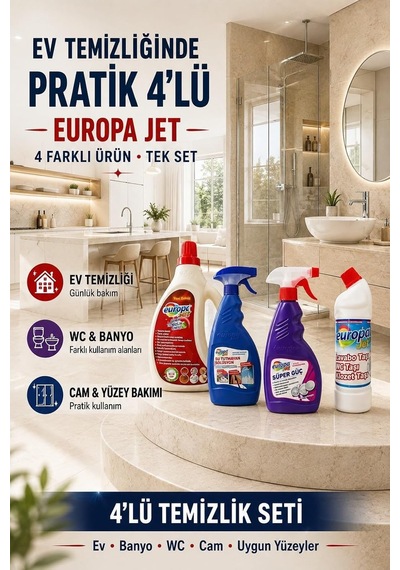 Europa Jet 4'lü Ev Ve Banyo Temizlik Seti Genel Temizleyici, Su Tutmayan Solüsyon, Süper Güç Ve Wc-lavabo Temizleyici