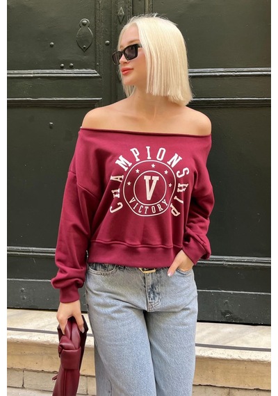 Bordo Kayık Yaka Baskılı Kadın Sweatshirt Mg2205