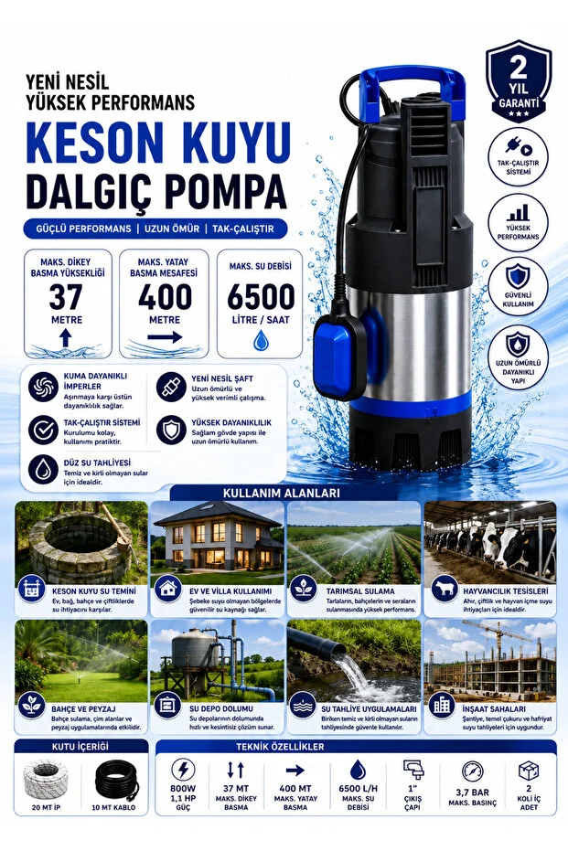 1.1 Hp Flatörlü Keson Kuyu Dalgıç Pompa 800w 1.1hp 37 Metre Dik 400 Metre Yatay Basma