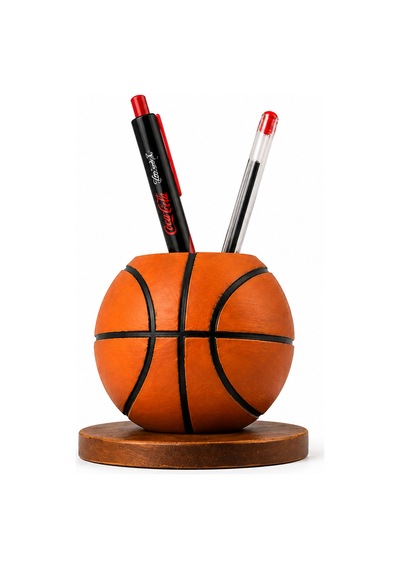 Basketbol Topu Tasarım Kalemlik 10 Cm Standlı Dekoratif Masaüstü Organizer Kalem Tutucu Siyah - Beyaz