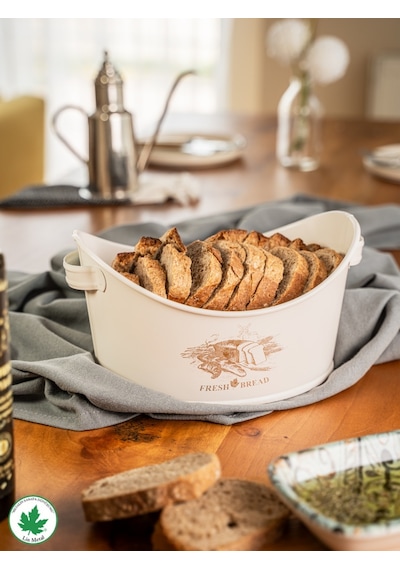 Metal Kayık Ekmeklik, Gondol Ekmeklik, Ekmek Sepeti, Sunumluk Fresh Bread Baskılı - Krem Beyaz
