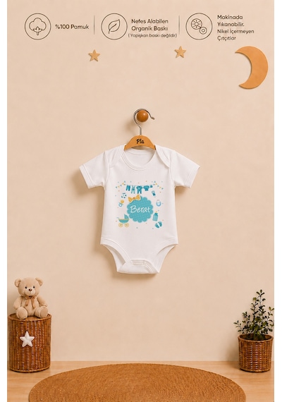 Pia Baby Kişiye Özel Erkek Bebek 2'li Body Zıbın %100 Pamuk Organik Baskılı Çıtçıtlı İsimli Bebek Seti Hediye 2030b2yx Ekru