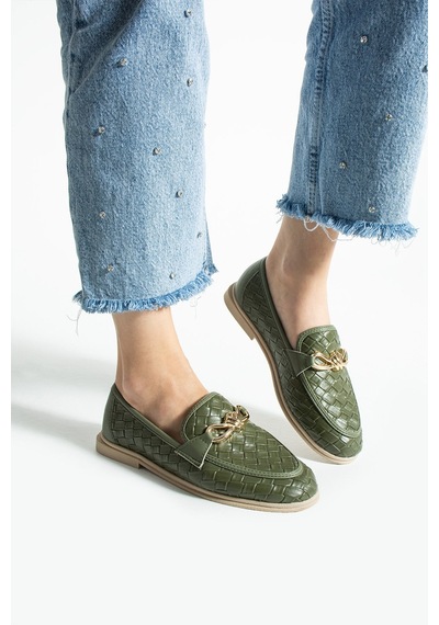 Lebibe Shoes Maby Kadın Haki Örgü Dokulu Zincir Detaylı Loafer Düz Ayakkabı Babet