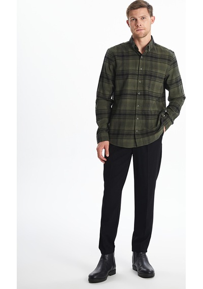 Lcwaıkıkı Classic Haki Regular Fit Uzun Kollu Ekose Poplin Erkek Gömlek