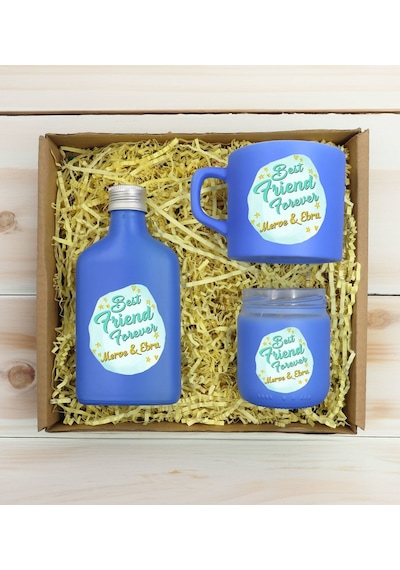Bk Gift Kişiye Özel İsimli Dtf Best Friend Temalı Mavi Kahve Fincanı & Kolonya & Mum Hediye Seti-2, Arkadaşa Hediye, Doğum Günü Hediyesi Kobitmeyencom