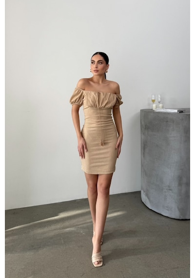 Msm Fashion Kadın Elbise Mini Yazlık Kısa Kollu Yaka Detaylı Esnek Bodycon Elbise Bej