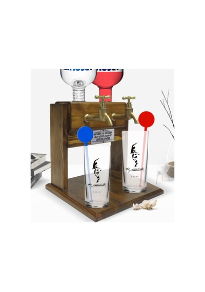 Kişiye Özel Renkli Baskılı Atatürk Temalı İkili Vodka Bardağı Ve Çift Musluklu Doğal Ahşap Vodka Standı-22