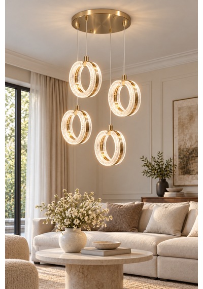 Queen Modern Gold Tasarım 4'lü Uzaktan Kumandalı 3 Renk Sarı Günışığı Ve Beyaz - Ledli Banyo - Mutfak - Salon Ledli Sarkıt Avize Altın Altın