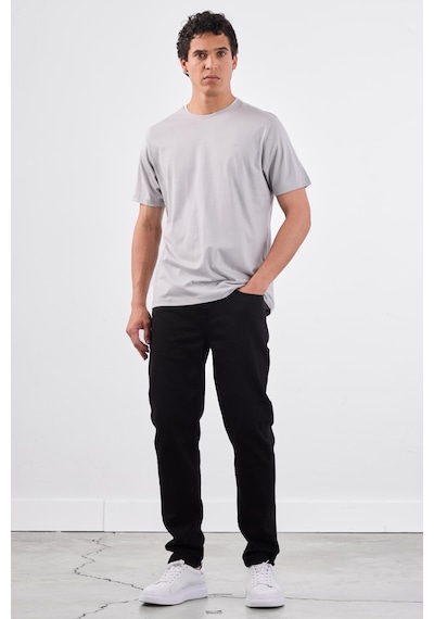 Dufy Gri Bisiklet Yaka Pamuklu Düz Renk Slim Fit Erkek T-shirt Gri