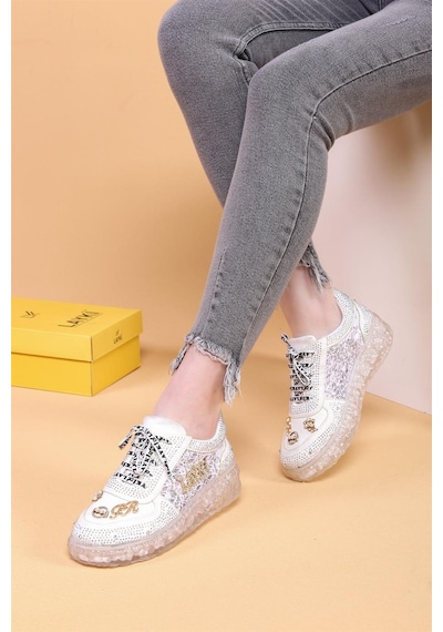 Astra Taşlı Desenli Şeffaf Taban Beyaz Renkli Kadın Sneaker-beyaz Beyaz