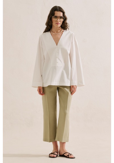 Manuka Poplin Geniş Kol V Yaka Gömlek Ekru Ss26gml00023-01 No