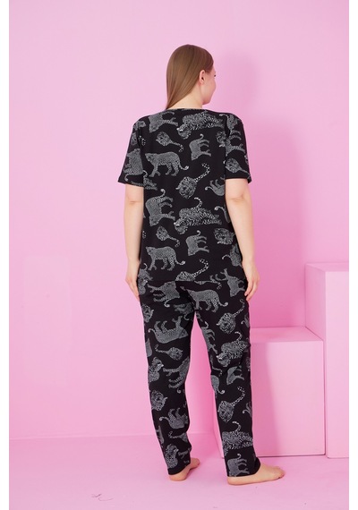 Siyah İnci Beden Battal Boy Bisiklet Yaka Örme Pijama Takım Siyah Kaplan Siyah İnci Beden Battal Boy Bisiklet Yaka Örme Pijama Takım Siyah Kaplan