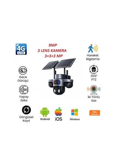 9mp Üç Lensli Güneş Enerjili Dış Mekân Güvenlik Kamerası Dahili Batarya Sim Kart Girişli İp Kamera