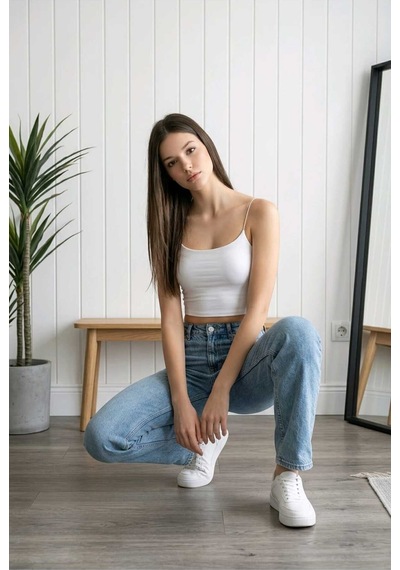 Lirona Lırona-kadın İnce İp Askılı Crop Top Modal Body Beyaz
